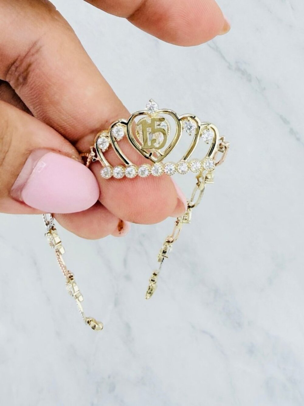 Authentic 10K gold Sweet 15 bracelet Quinceañera crown - Pulsera en oro 15 años